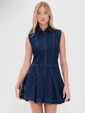 Avec Les Filles Denim Pleated Mini Dress